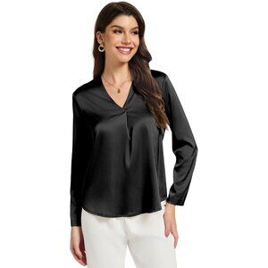 Sleek Women's Black Satin Blouse - X-Large V Neck Long Sleeve Casual Shirt